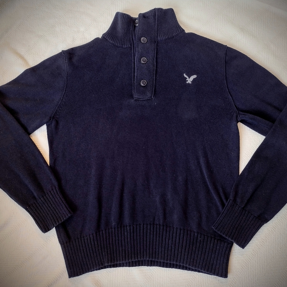 EUC AE Classic Fit Navy Heavyweight Zip Neck Sweater w/ Collar, Men's Large - Picture 2 of 7